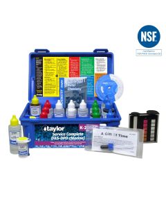 Taylor Test Kit Complete Service for Chlorine pH Alk Hardness CYA (FAS/DPD/High Range) 2 oz Btls
